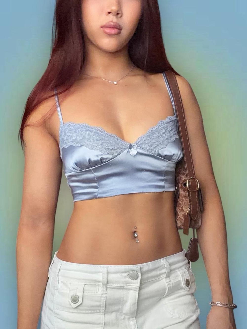 Garage Satin Lace Trim Crop Cami Top in Light Blue